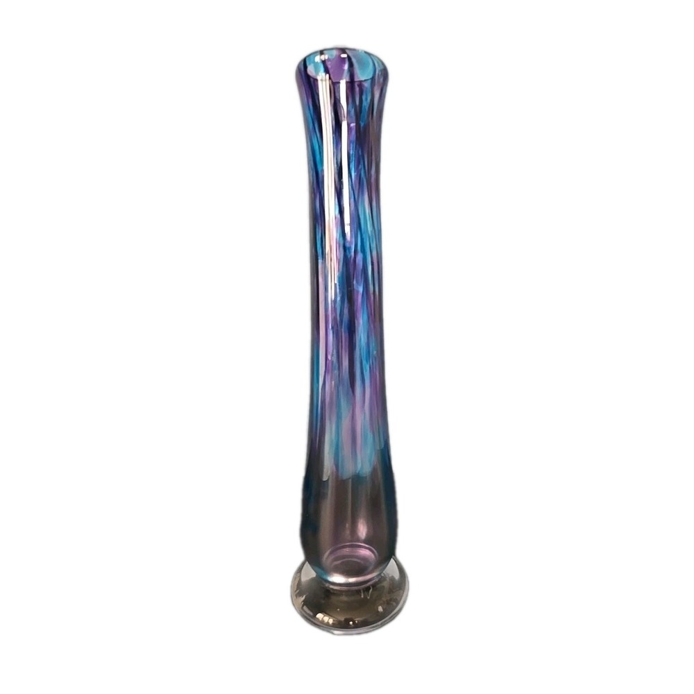 Handblown Tall Art Glass Vase Purple Blue Swirl, Signed‎